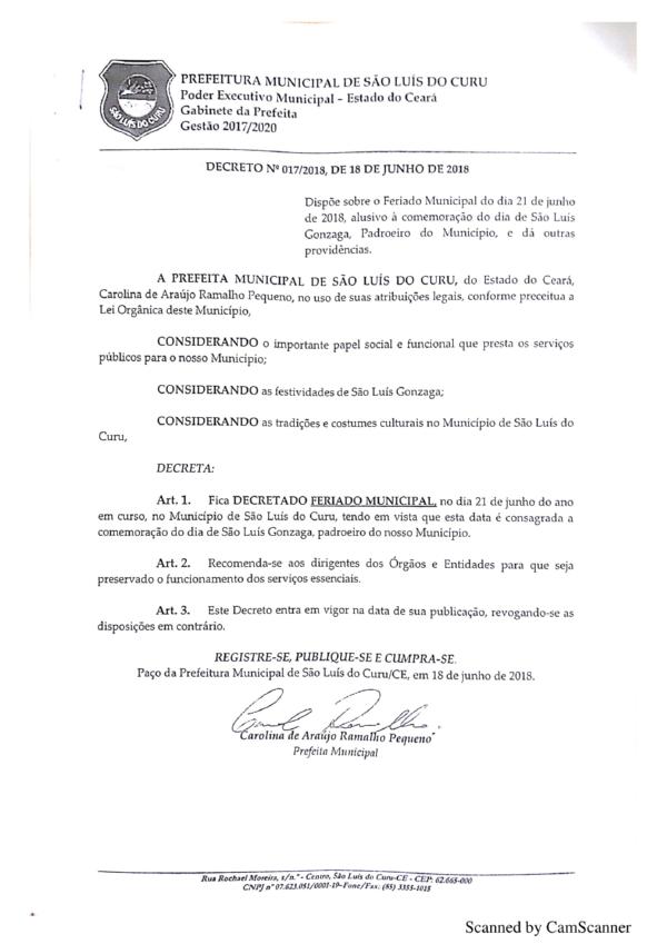 Prefeitura decreta feriado municipal no dia 21 de junho: Data é alusiva ao Dia de São Luís Gonzaga.
